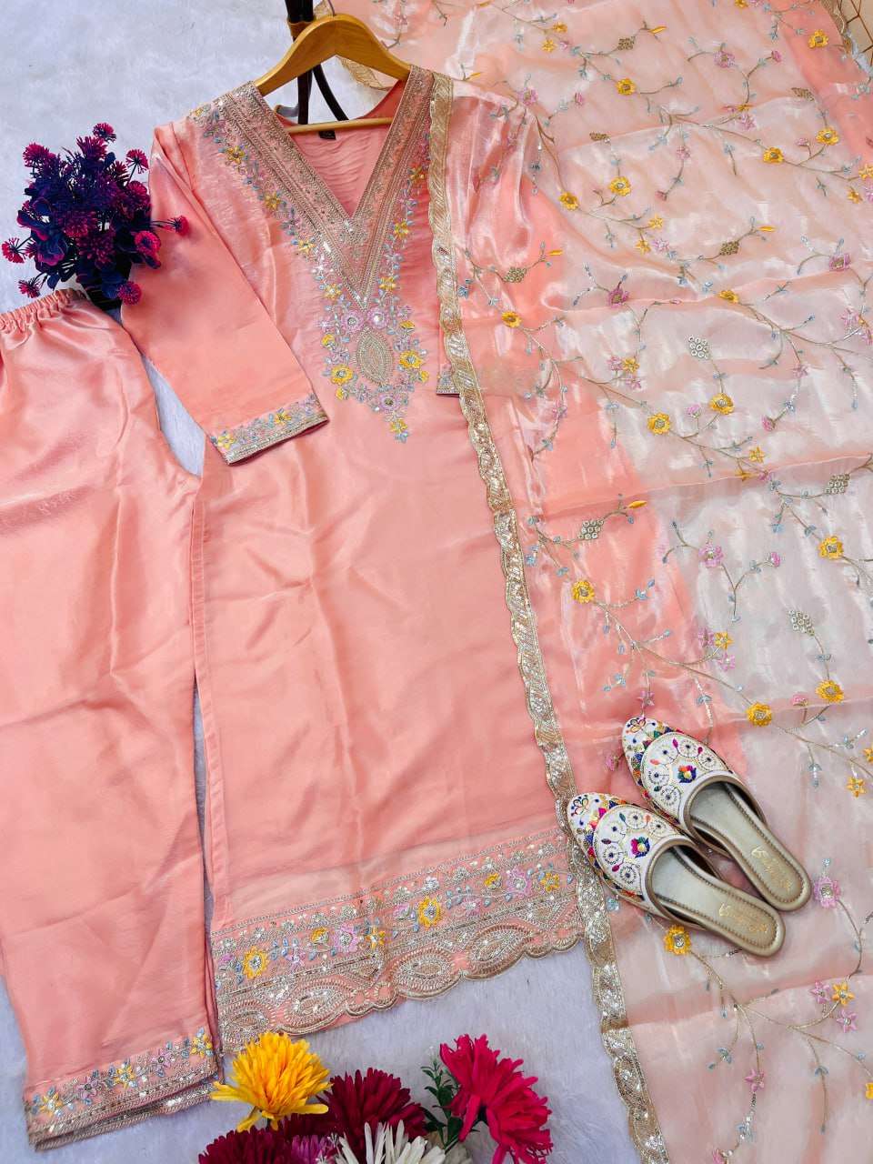 Women's Silk Heavy Embroidery Sequence Work Top-Bottom Straight Kurti With Pant and Dupatta set - Image 4