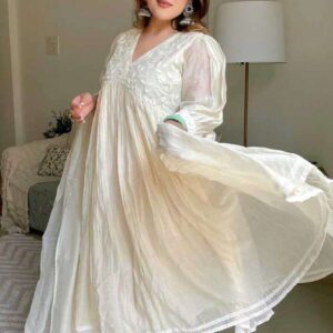 Women's Chanderi Silk Embroidered Anarkali Kurti With Pant and Dupatta