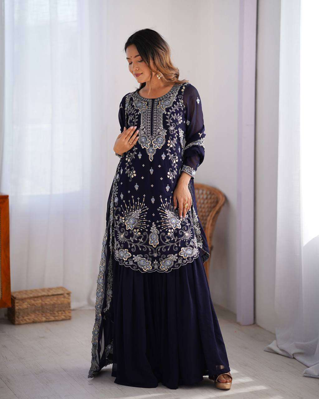 Women's Faux Georgette Sequins & Thread Work Straight Kurta With Sharara Suit and Dupatta Set - Image 3