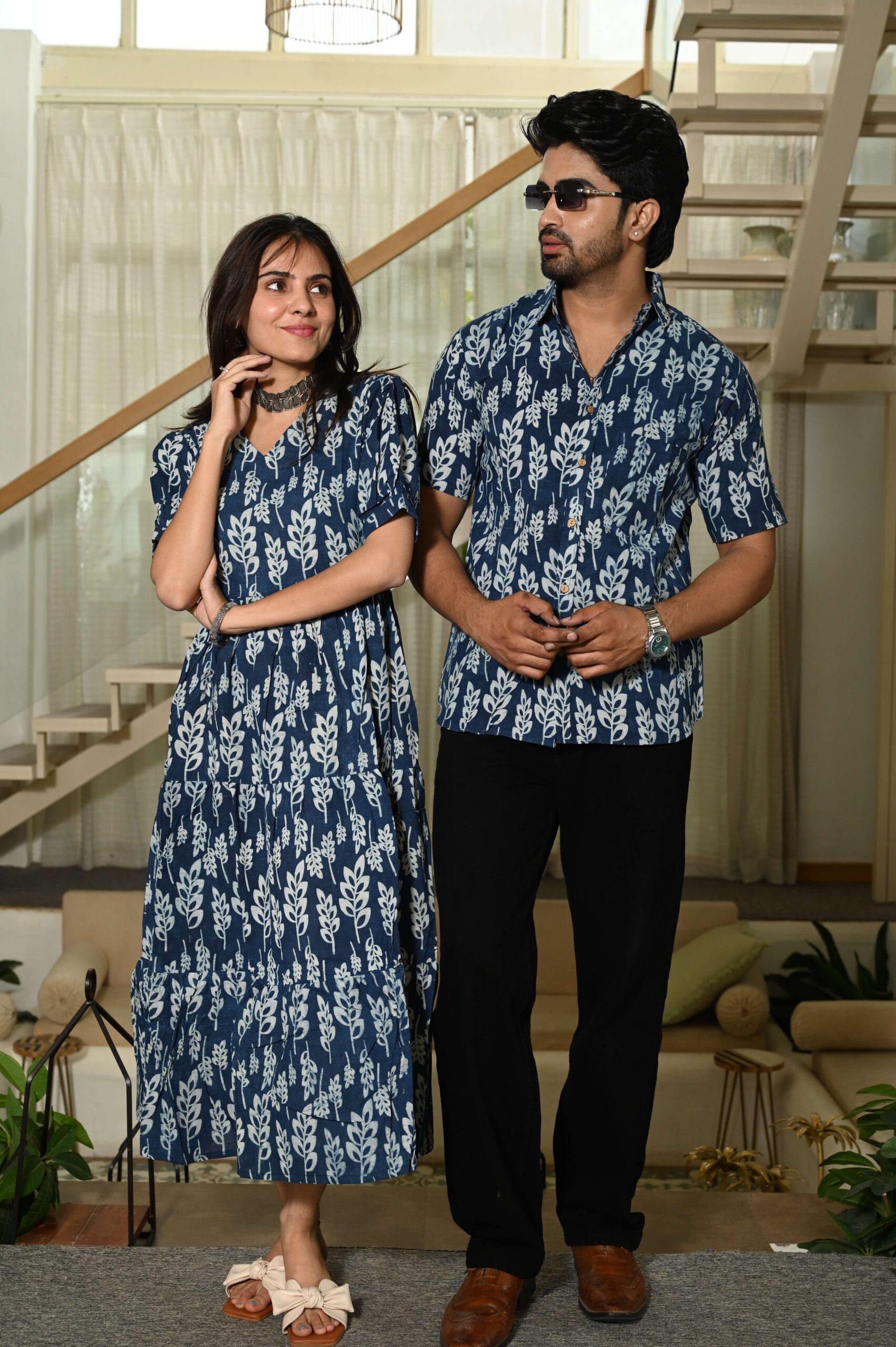 Couple Matching Blue Leaf Print Cotton Anarkali Midi Dress and Shirt Set - Image 3