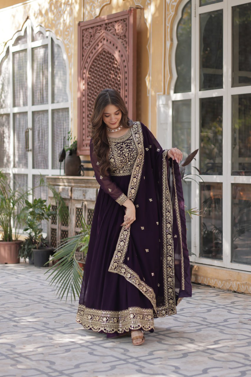 Women's Luxurious Plum Velvet Anarkali Gown with Heavy Gold Zari & Sequin Embroidery – Perfect for Weddings & Grand Festivities - Image 7