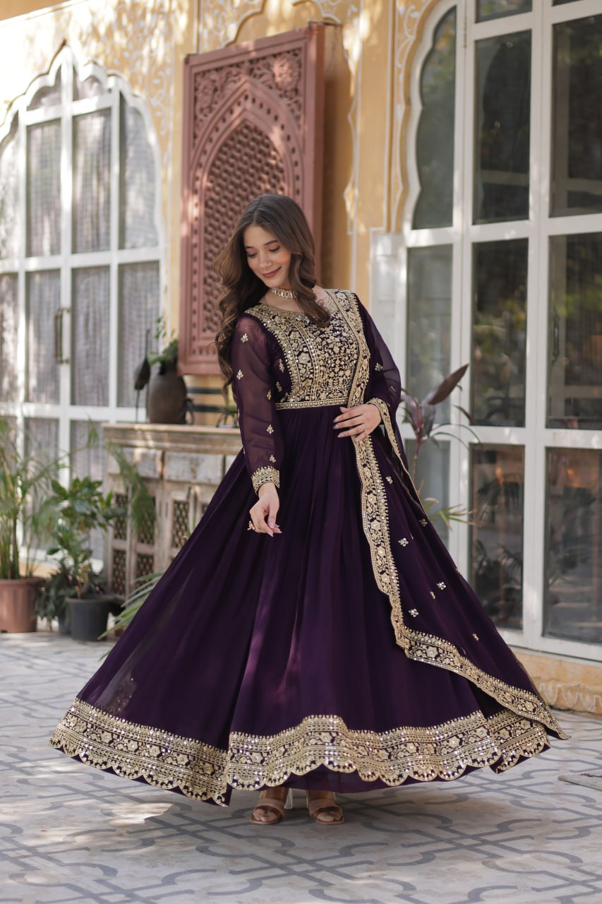 Women's Luxurious Plum Velvet Anarkali Gown with Heavy Gold Zari & Sequin Embroidery – Perfect for Weddings & Grand Festivities - Image 3