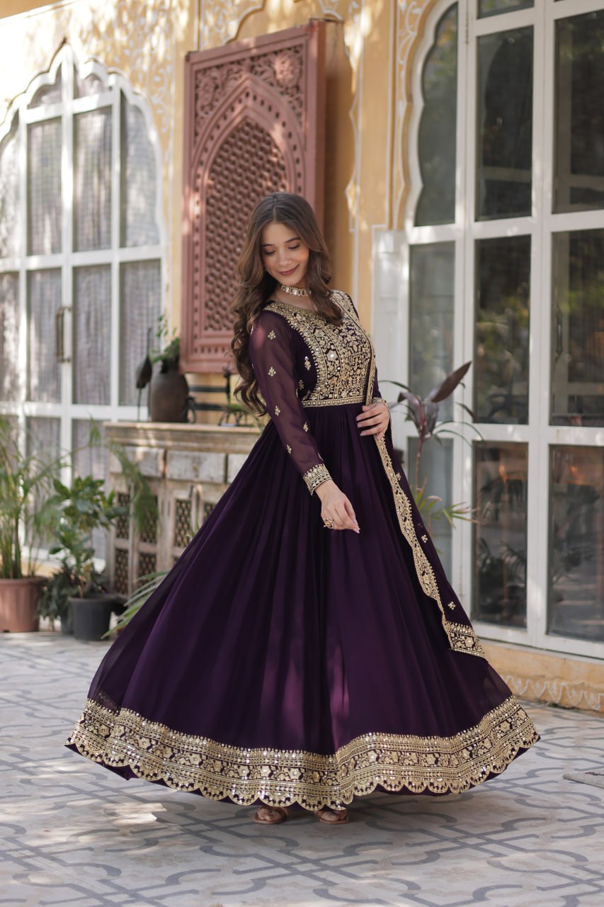 Women's Luxurious Plum Velvet Anarkali Gown with Heavy Gold Zari & Sequin Embroidery – Perfect for Weddings & Grand Festivities - Image 2
